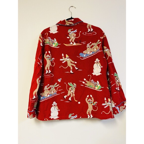 Nick & Nora Sock Monkey Pajama Top Women’s Large Red Flannel Button Down - Picture 2 of 4